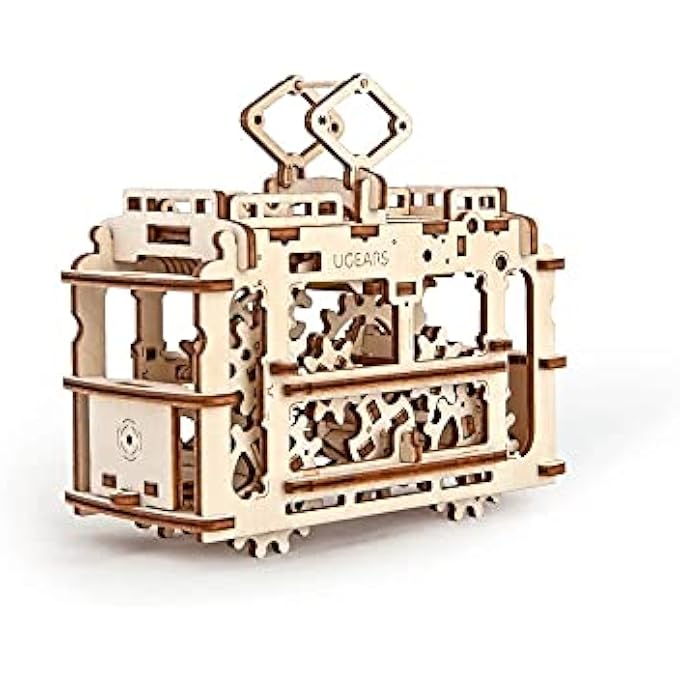MADE IN EUROPE, 3D WOODEN PUZZLE TRAM WITH RAILS, MECHANICAL MODEL KIT WITH 154 PARTS, DIY, SELF-ASSEMBLY, WOODCRAFT CONSTRUCTION TOY, PERFECT FOR GIFTING, NO GLUE NEEDED, BROWN, UGR-70008 - Image 1
